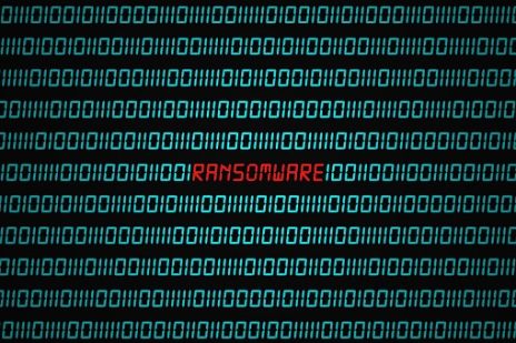Red word Ransomware in binary code sequence